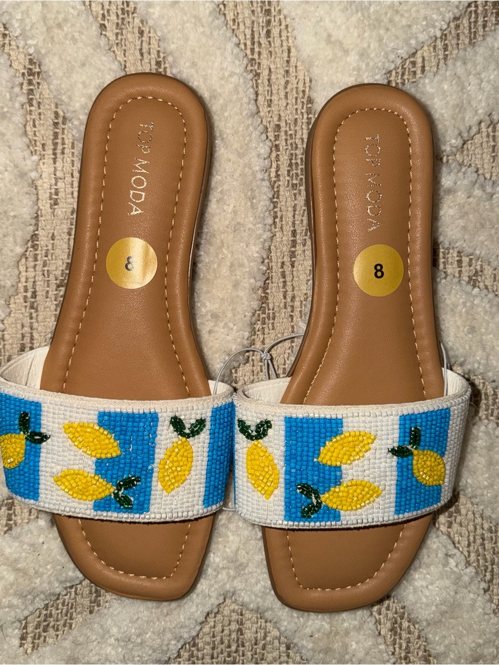 TOP Moda Cream Beaded Lemon Slide Sandals with Blue Panels